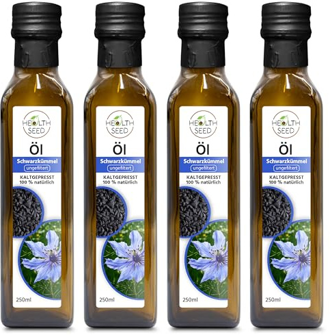 Health Seed® 4x250 / 1000 ml Ungefiltert Schwarzkümmelöl - Kaltgepresst Glasflasche - Frisch vom Hersteller