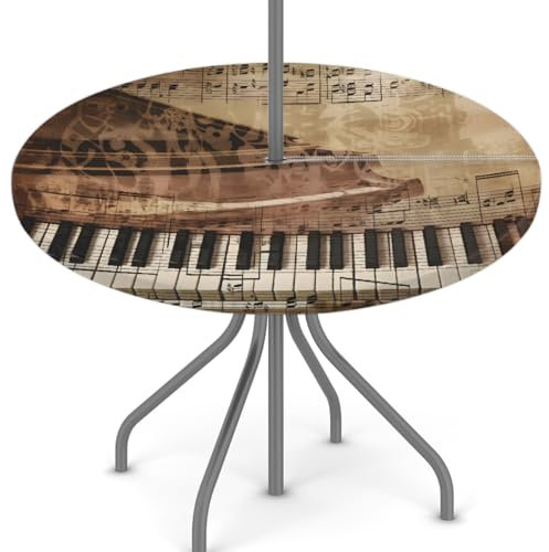 Woltant Tovaglia rotonda con foro per ombrellone e cerniera, facile da pulire, con bordi elastici, protezione per tavolo da esterno, per giardino, patio, barbecue (chiave di pianoforte vintage)