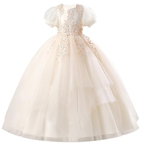 EFOGEP Mädchen Partykleid Rundhalsausschnitt Rückenschleife Knoten Tüll Maxikleid Kurzarm Spitze Bestickt Formeller Abend Hochzeit Brautjungfer Festzug Erstkommunion Ballkleid Beige 6-7 Jahre