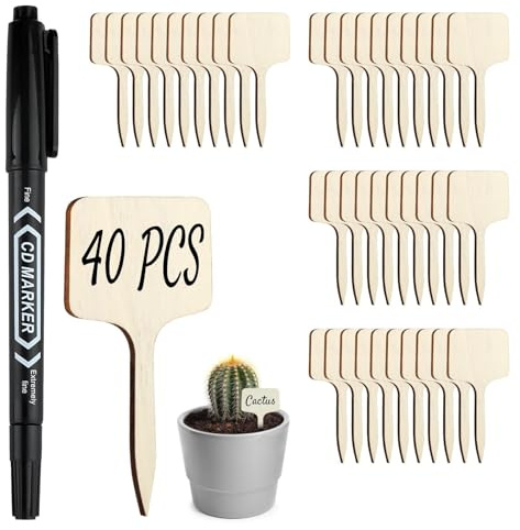 40PCS kclkda Bamboo Plant Labels with Marker Pen(6x10cm), T-Type Plant Tags for Outdoor Plants, Waterproof Wooden Plant Markers, Garden Labels for Outdoor Seedlings Potted Seed Vegetables Herb Flowers