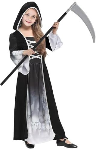 Halloween Costume Ragazza Mietitrice, Costume Halloween Morte con Falce, Costume Principessa Fantasm con Cappuccio, Vestito da Mietitore Scheletro, Abito Horror Mietitore Scheletro (XL:10–12 anni)