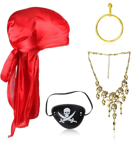 DIELIANHUA 4 Stück Piraten Kostüm Zubehör Set, Piratenkostüm Damen, Piraten Accessoires, Piraten Bandana Augenklappen Ohrringe Halskette, für Halloween Karneval Party