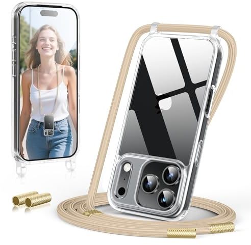 GOODVISH Handykette für iPhone 17 Pro Hülle mit Band, Helbraun | Kameraschutz und Bildschirmschutz, Transparent Necklace Handyhülle Schnur Schutzhülle für Umhängen Case mit Kordel 6.3