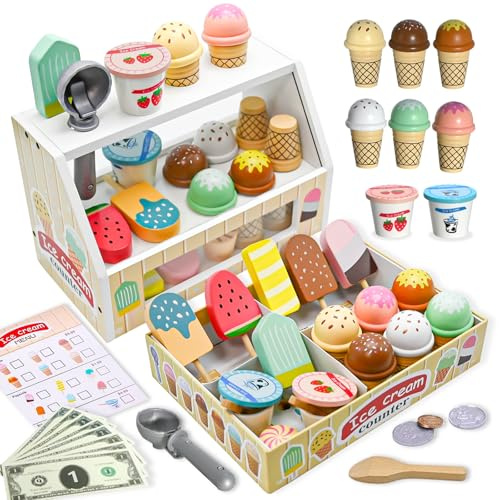 Eisdiele Spielset aus Holz, Eiscreme Spielzeug mit Spielgeld & Menü, Rollenspiel Kaufläden für Kinder ab 3 Jahren