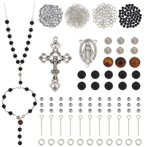 PH PandaHall Ostern Rosenkranz Schmuckherstellungsmaterialien 241 Stück Natürliche Schwarze Agatperlen Tigerauge Edelstein mit Kreuz Anhängern Rosenkranz Gebetsherstellung für Ostern Ramadan Basteln