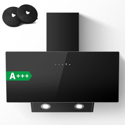 TopStrong Cooker Hood 90cm, Extractor Fan kitchen, Wall-Mounted Extractor Hood, A+++ Kitchen Hood, 400 m³/h, Touch Control, 3 Speed + Booster, Recirculating & Ducting System, Black