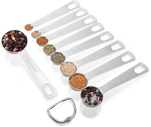 Doosu Messlöffel Dosierlöffel Set, 18/8 Edelstahl, Präzises, Runde, 9 Stück | Metall als Küchenmesswerkzeug, grav. TL/EL-Skala, spülmaschinenfest, Abmessen Proteinpulver Kaffee Backzutaten Gewürz Zutaten
