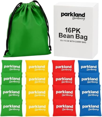 Parkland® 10 x 10cm Pack of 16 Kids Bean Bags for Throwing Games – Colorful Toss Bean Bags with Carry Bag – Outdoor Party & School Sports Toy – Beanbag Game Set for Children & Adults – Garden, Picnic