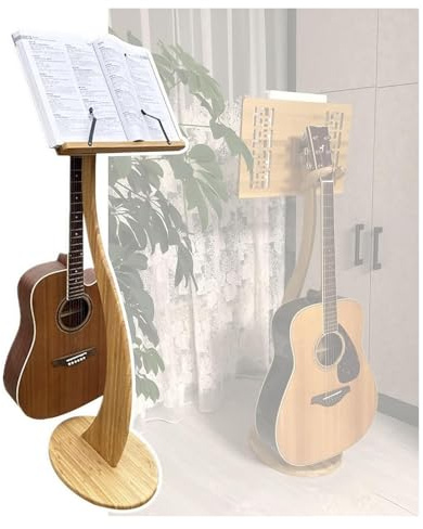 Bambus Notenständer, Holz Notenständer, Notenständer aus Holz mit Geigen- und Gitarrenhalterung, Dirigentenstation aus Holz und Notenbuchhalter