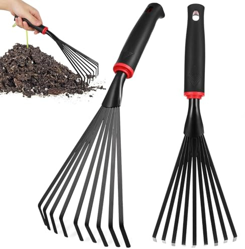 Housoutil 2 Pièces Lot de 2 Râteaux de Jardin à 9 Dents en Métal Manche Court Ergonomique, Petit Râteau de Jardin pour Ramassage de Feuilles et Désherbage, Outils de Jardinage à Main pour