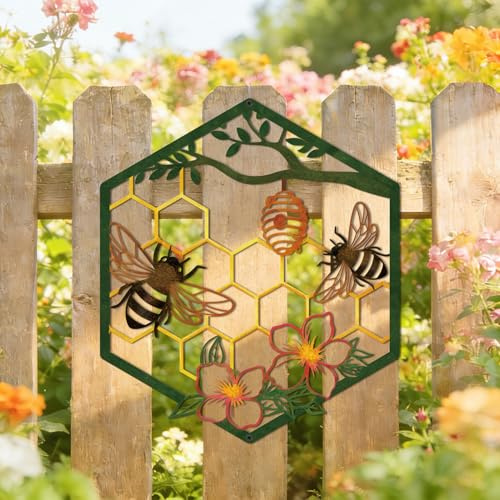 ruelen Colorful Metal Bee Wall Art - Farmhouse Honey Bee and Hives with Flowers Metal Wall Decor for Living Room,Bedroom,Garden,Office Gardener & Bee Keeper (11.14x9.72in) | 11.4x9.7Colorful Home Decor for Living Room,Bedroom,Garden,Office,Gardener & Bee Keeper