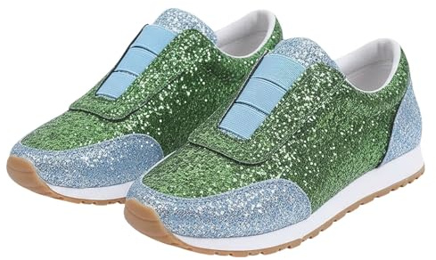 Glitter sneakers dam grön – halvskor dam eleganta sportskor platå tennisskor retro sneakers strass löparskor casual hallskor paljetter sneakers lätta bekväma promenadskor, Grön, 40 EU