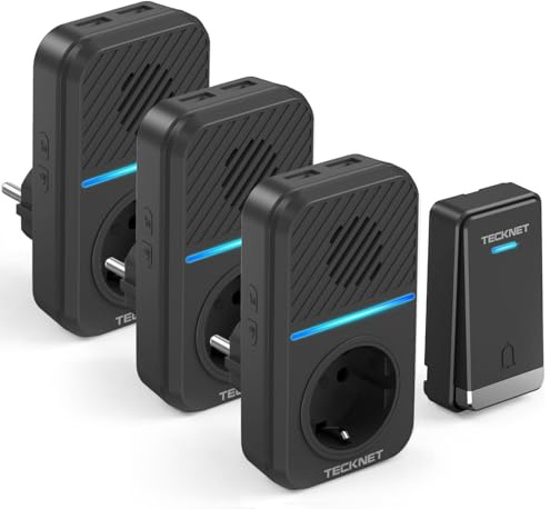 TECKNET Funkklingel Batterielose mit 3 Steckdosen und 6 USB Anschlüsse | IP65 wasserdicht außen, 400M Reichweite, 60 Klingeltöne, 5 Tonstufen, LED-Blitz, 4 USB-Ports, kein Batteriewechsel