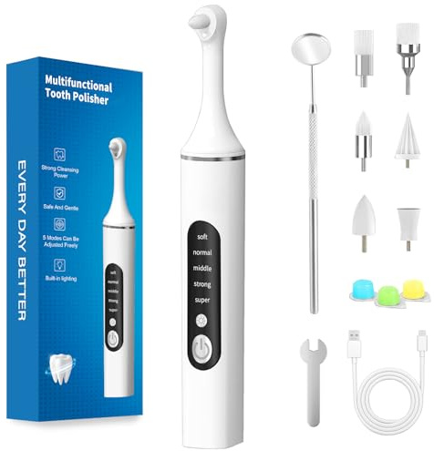 Electric Tooth Cleaner, Teeth Cleaning Tools for Plaque Stain Removal, Personal Yellow Teeth Whitening Kit with 5 Modes, 6 Heads, 3 Pastes and LED Light, Waterproof Portable Dental Kit for Home Use