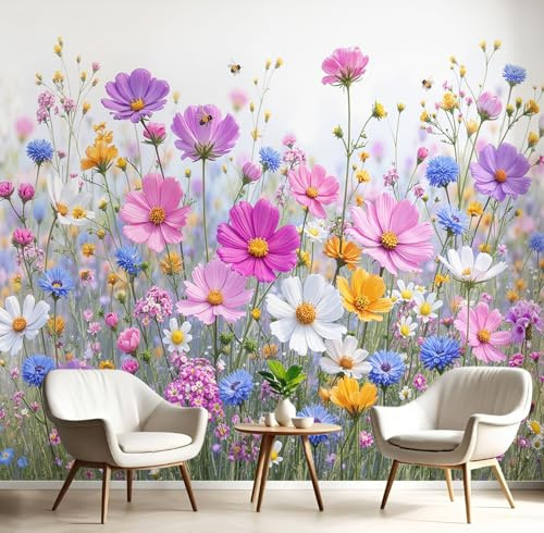 Murales 3D De Seda, Pintado Panorámico Campos Flores Silvestres Mural Para Artística, Papel Tapiz Fotomurales Naturaleza Pastoral Decoración Póster De Pared Salón Dormitorio, 400 x 280cm