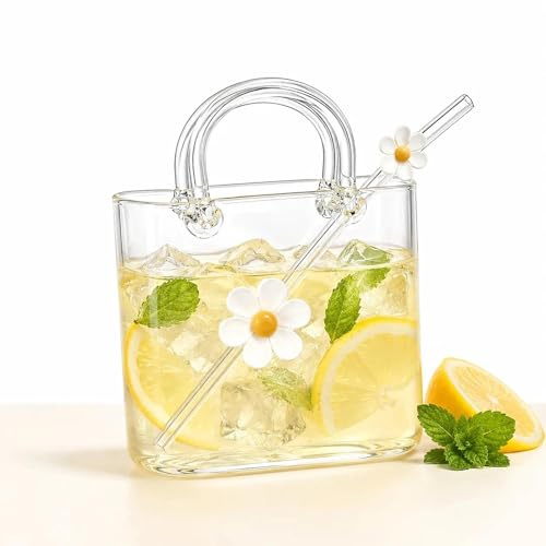 Glass Purse for Drinks with Straw, Handbag Shaped Drinking Cup for Cocktails Juice Iced Tea, Flower Vase Decor, Unique Party Gift (Daisy Glass Cup)