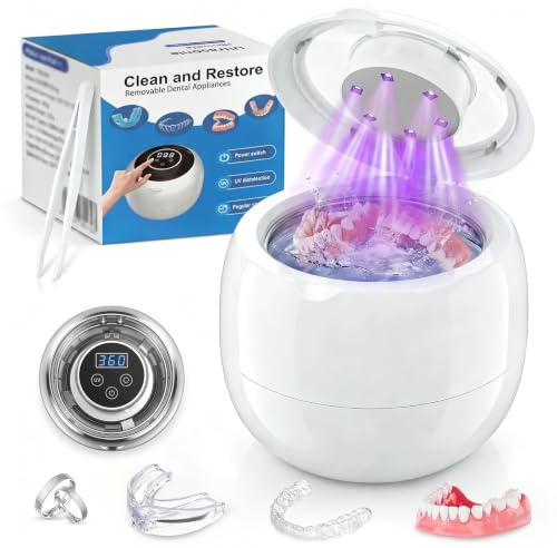 Nettoyeur Ultrasons 45kHz, Nettoyeur Ultrasonique Rechargeable avec Lampe UV LED, 4 Modes Programmables pour Prothèse Dentaire, Aligneur, Gouttière, Bijoux en Argent, Montres Étanches, Têtes de Rasoir