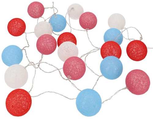 GURU SHOP Stoff Ball Batterielichterkette 3xAA 20`er LED Kugel Lichterkette - Türkis/weiß/rot, 6x6x6 cm