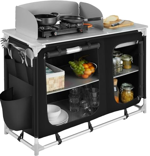 TecTake® Cucina da Campeggio, Mobile da Campeggio con Piano di Lavoro e Ripiani Portaoggetti, Cucina da Esterno con Paravento e Lavello, Borsa per Trasporto Inclusa, 116x52x107cm - Nero