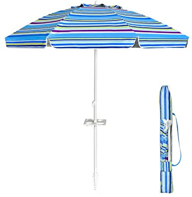 COSTWAY Ombrellone da Spiaggia 200 x 220 cm, Ombrellone da Mare con Inclinazione Regolabile, con Vassoio, 8 Stecche, Protezione UV, Impermeabile, Borsa di Trasporto (Blu)