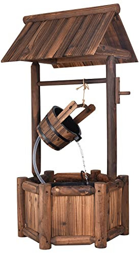 RELAX4LIFE Gartenbrunnen aus Holz, Zierbrunnen mit Elektrischer Pumpe, Wasserbrunnen mit Regulierbarer Wasserfall, Rustikaler Springbrunnen für Garten Balkon Hof, 58,5 × 56 × 117 cm