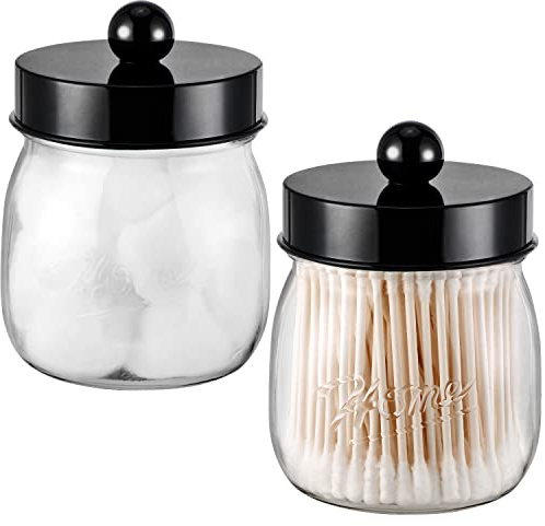 Farmhouse Decor Apothecary Jar Set, Mason Jar Bathroom Vanity Storage Organizer Canister-Qtip Holder Plastic Acrylic Jar for Cotton Swabs, Cotton Pad, Floss Pick, Paper Clip, Hair Clip (2 Pack, Black)