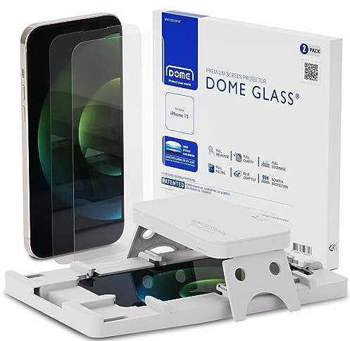 DOME GLASS Whitestone Screen Protector for iPhone 15, Full Tempered Glass Shield with Liquid Dispersion Tech [Easy to Install Kit] Smart Phone Screen Guard - 2pack