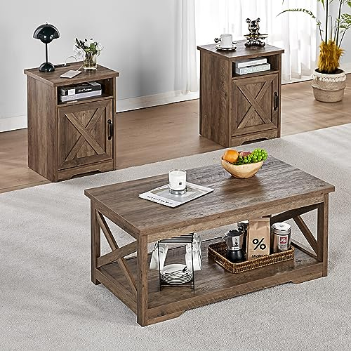 AMERLIFE 3-Piece Farmhouse Table Set Includes Coffee Table& Two End Tables, Side Table with Charging Station and USB Ports, for Living Room, Barnwood