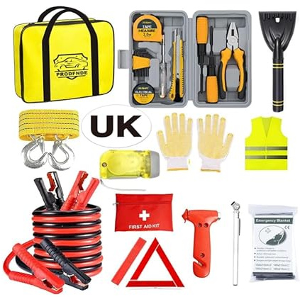 Car Emergency Kit, Roadside Assistance Emergency Kit, Car Breakdown Tool Set with Jumper Cables, Warning Triangle, Visibility Vest, Flashlight etc, Ideal Accessory for Truck, SUV