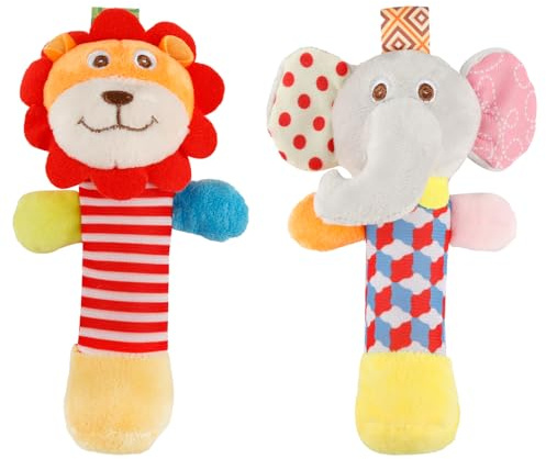 Rumyve 2pcs Plush Baby Soft Rattle Toys,Baby Rattle Toys 0-6 Months,Animal Hand Rattles Musical Educational Toys for Colourful Rattles for Babies