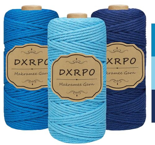 DXRPO Macrame Corda 3 mm x 100 m x 3, Macramè Filo Cotone per Fai Da Te, Piante Sospese, Natale, Decorazione Boho (Azzurro, Blu, Blu Scuro)