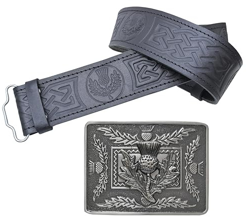 Leather Kilt Belt and Buckle Set, Scottish Thistle Embossed Belt with Silver Antique Celtic Knot Buckles Crafted Pewter – Kilt Belts For Men (Thistle Crest - Silver Antqiue, Large, 38-42 Inch)