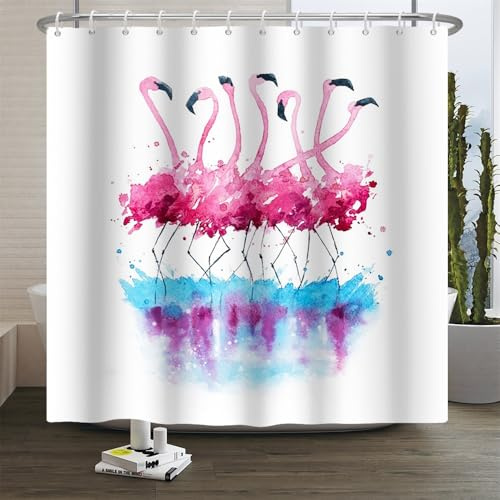 Xiaoterna Flamingo Duschvorhang Abstrakter Aquarell Rosa Flamingo Wasserfester Badvorhang Moderne Kunst Tuschemalerei Tier Schimmelresistent Maschinenwaschbar Badezimmer Dekoration 180x180cm