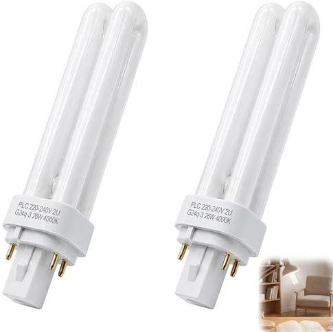 2-Pack GX24Q-3 26W 4 Pin Compact Fluorescent Lamp, Natural White 4000K 2U Double Turn Energy Saving CFL Bathroom Light Bulbs 240V Non-Dimmable Tube for Bathroom Corridor Office Porch Living Room