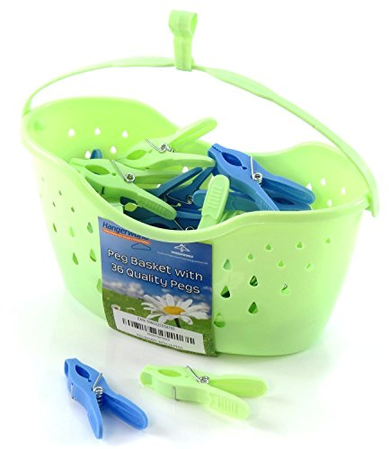 HANGERWORLD Cestino con 36 Mollette per Bucato in Plastica con Gancio per Stendino e Balcone