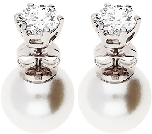 MYA art Damen Ohrstecker Front Back Perlenohrringe Doppel Ohrringe Ear Jacket mit Perlen Kugeln und Kristall Edelstahl Vergoldet Silber Weiß MYAWGOHR-4