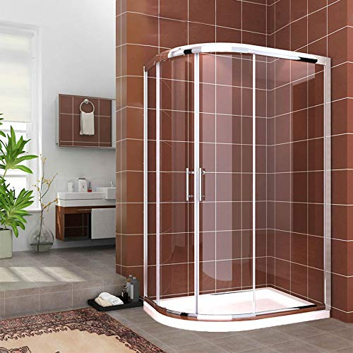 ELEGANT 900 x800 mm Left Offset Quadrant Shower Cubicle Enclosure 6mm Easy Clean Glass Sliding Door with Stone Resin Tray and Waste Trap