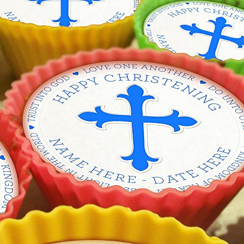 Happy Christening Baptism Blue - 20 x 5cm Personalised Edible Cupcake Toppers on Premium Icing