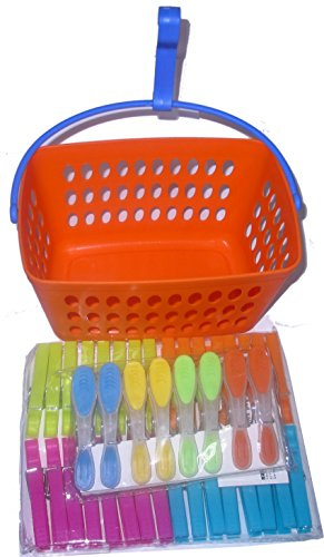 Klammerkorb orange mit 40 Wäscheklammern (32 Kunststoff + 8 Softgrip)