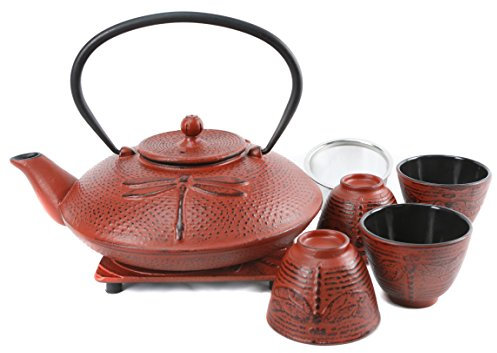 Cuisiland 37oz Cast Iron Teapot Set, Japanese Tetsubin Teapot with Enamel Coated Interior, Dragonfly Design, Excellent Heat Retention, Includes Infuser, Trivet & 4 Tea Cups (Red)