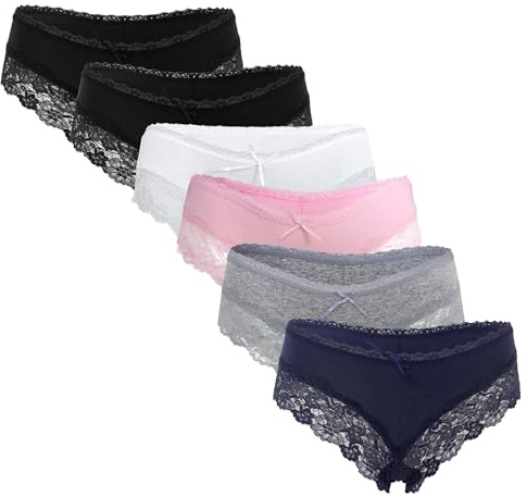 Fabio Farini - 6er Damen Unterhosen aus bequemer Baumwolle - Frauen Hipster Panty mit sexy Spitze, Slip Unterwäsche Mehrpack, Schwarz, Weiß, Rosa, Grau, Blau Multifarb Set 38
