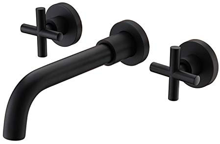 TRUSTMI Grifo para lavabo de latón, grifos de lavabo con disipador caliente y frío empotrados de 2 manijas montados en la pared, negro mate