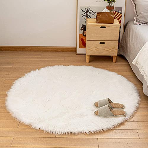 HLZDH Peau de Mouton synthétique,Cozy Sensation comme véritable Laine Tapis en Fourrure synthétique, Man-Made Luxe Laine Tapis de Canapé Coussin (Rond Blanc, 90 X 90 CM)