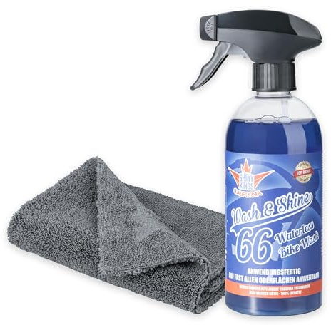Shinykings BIKE | Nano-Tech | Wasserloser Motorrad-Reiniger und Insektenentferner | Hochglanz Schnellreiniger | Kratzfreie Trockenwäsche | Shampoo | Trockenreiniger | 1 x 0,5L Spray + 1 Spezialtuch
