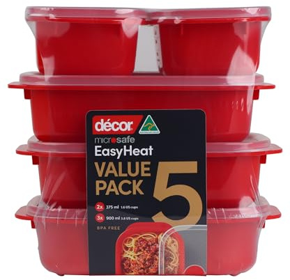 Décor Microwave Food Containers Set | 5 Pack - 2 x 375ml, 3 x 900ml | Steam Release Vent | Dishwasher & Freezer Safe | Red
