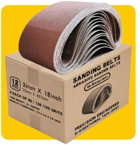 Bande Abrasive 75 x 457 mm Bande de Ponceuse - Ensemble de Bandes Abrasives Mixte (4 X grains 80/120/150) pour Ponceuses à Bande,Idéale pour le Bois(12 pièces)