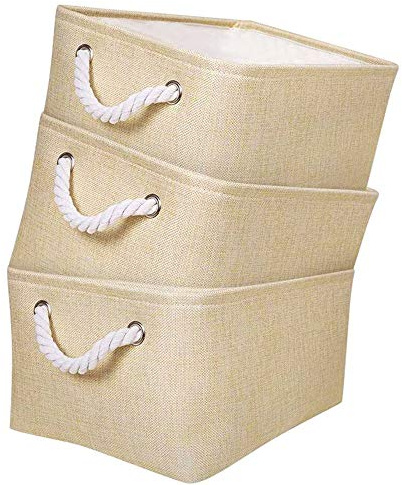 Mangata Stoff Aufbewahrungsboxen, Faltbare Aufbewahrungsbox mit Seilgriffen für Regale, Schrank, Kleiderschrank, 3er-Pack (Beige, L)