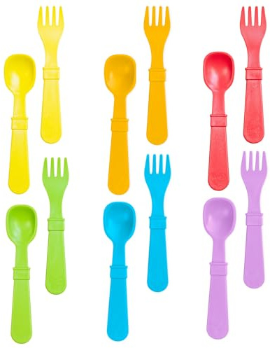 Re-Play Toddler Forks and Spoons Set - 6x6 Utensils Set for Kids - Dishwasher and Microwave Safe - Made in USA - Set of 12-5.8 x 1.2 x 0.2 - Crayon Box