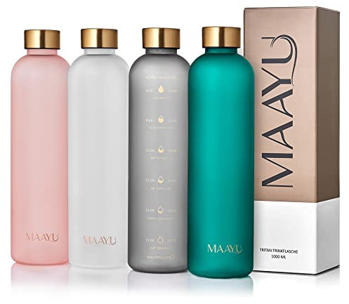 MAAYU Trinkflasche 1 l mit motivierender Zeitmarkierung - auslaufsicher, BPA frei, Kohlensäure geeignete Wasserflasche für Sport, Freizeit, Büro (noble green)