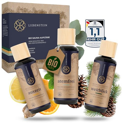 Liebenstein® BIO Saunaaufguss SET “Wohlfühl-Trio” [3x100ml Sauna Aufgussmittel] mit 100% naturreinen Bio Ölen - regional und nachhaltig - Schwarzwald Sauna Set für ein intensives Dufterlebnis